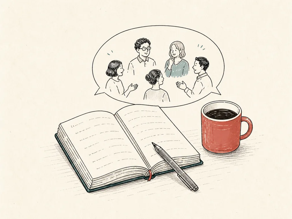 開いたノートとコーヒー、会話する人々の線画