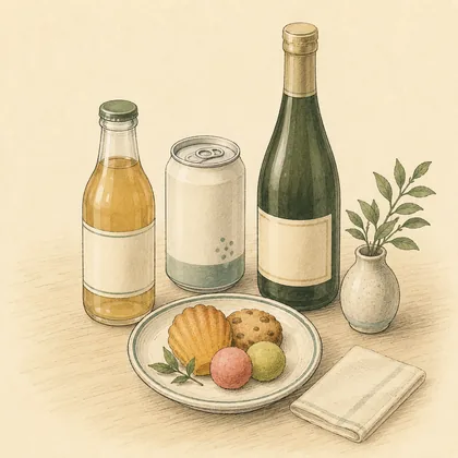 持ち寄りの飲み物が並んだ机と、焼き菓子と和菓子をのせた小皿のイラスト